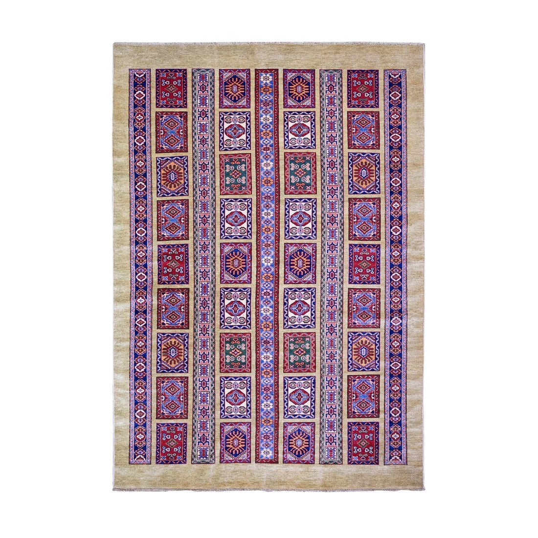6'x8'6" Camel Brown Wool Afghan Super Kazak Hand Knotted Oriental Rug: 6'x8'6" Camel Brown Wool Afghan Super Kazak Hand Knotted Oriental Rug Experience the rich beauty of traditional Afghan craftsmanship in this stunning 6'x8'6" Camel Brown Wool Super Kazak Hand Knotted