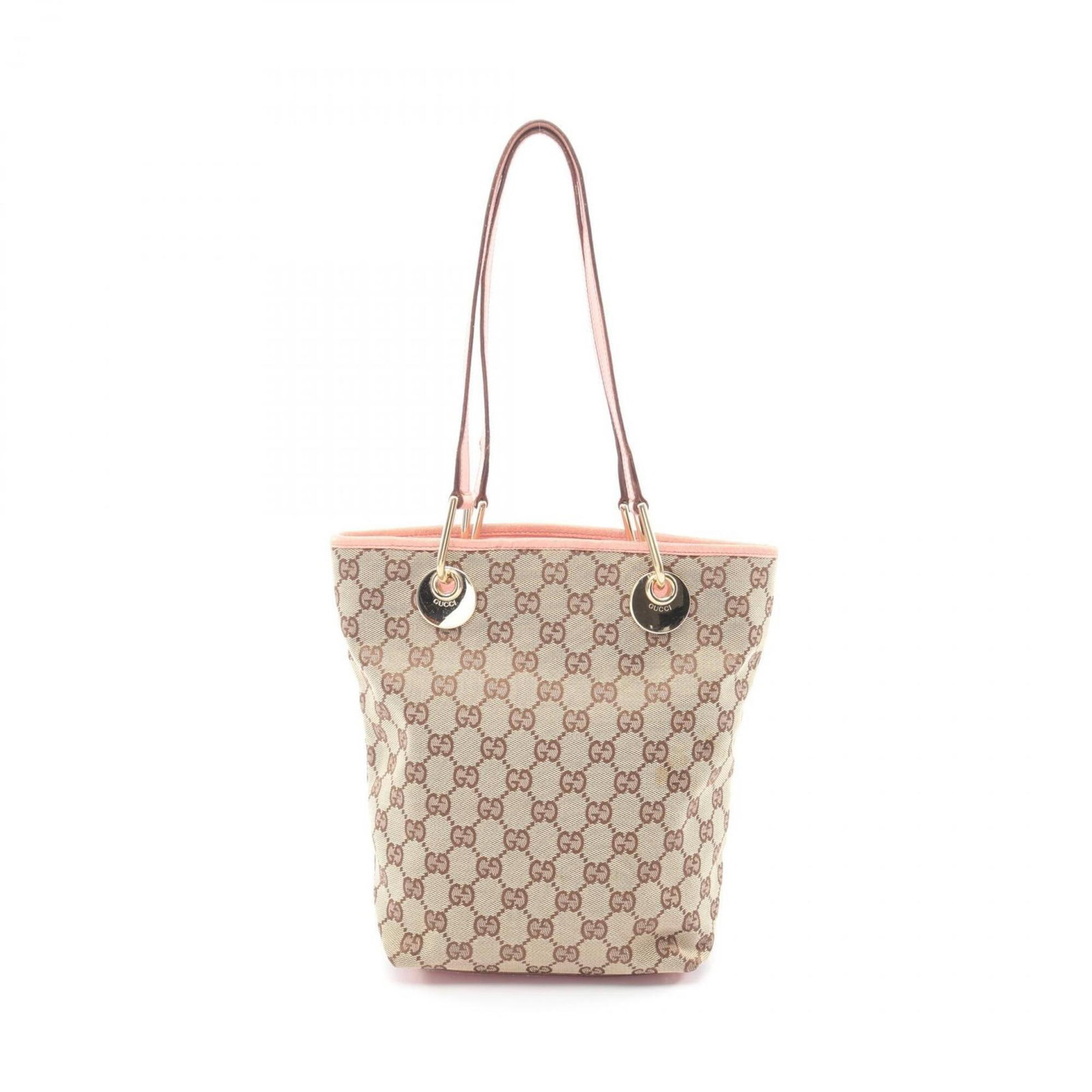 Gucci Leather Canvas Tote Bag: Gucci Leather Canvas Tote Bag A timeless Gucci tote bag in rich beige and pink hues, crafted from high-quality canvas and leather for a luxurious feel. With its classic design and spacious interior,