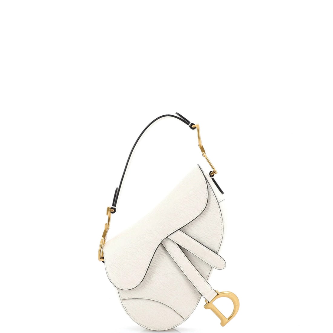 Christian Dior Mini Leather Saddle Handbag: Christian Dior Mini Leather Saddle Handbag Elevate your style with the iconic Christian Dior Saddle Mini Leather Handbag, boasting sleek white leather exterior and neutral interior, adorned with aged
