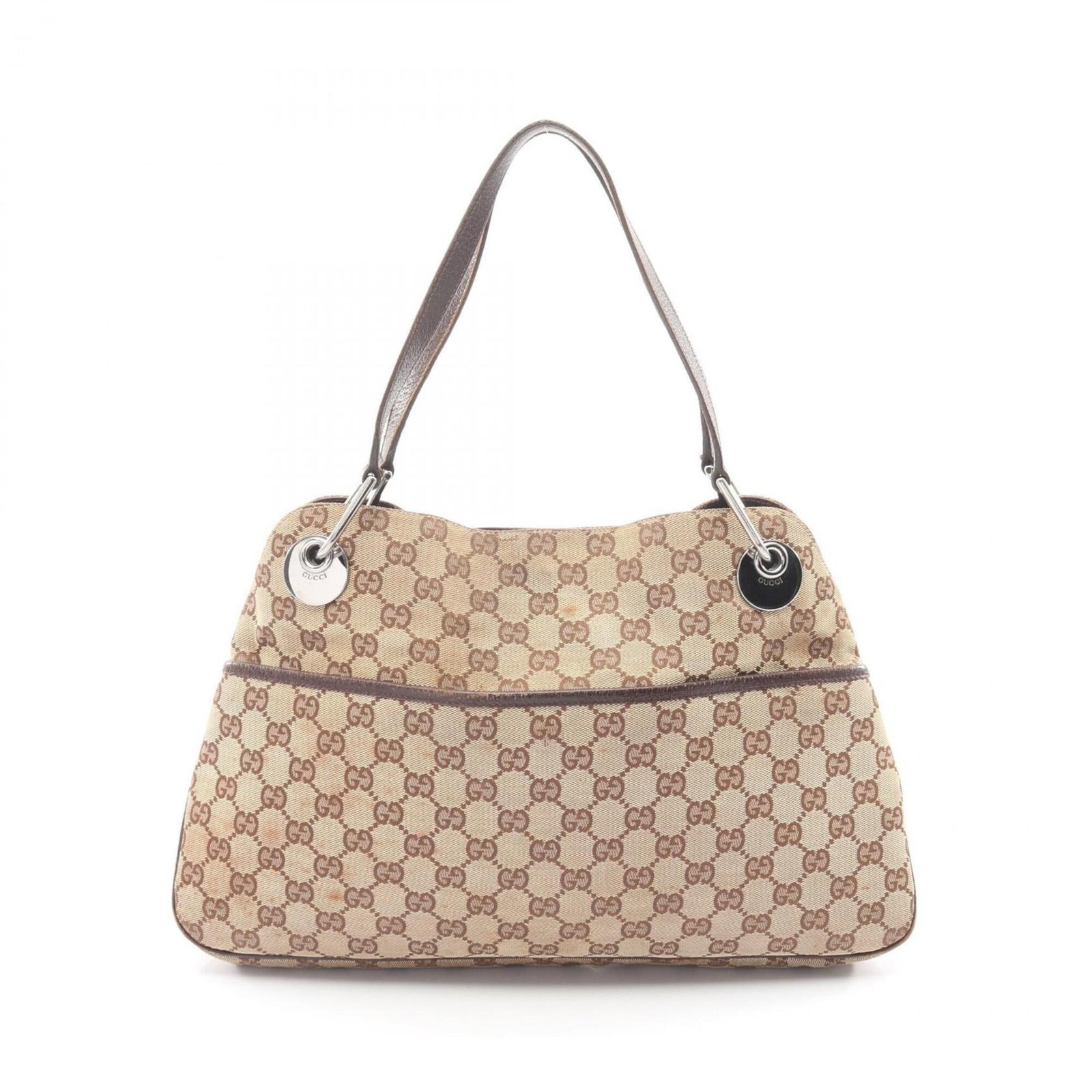 Gucci canvas leather shoulder bag: Gucci canvas leather shoulder bag A timeless Gucci canvas leather shoulder bag in beautiful beige and brown hues, perfect for adding a touch of sophisticated elegance to your daily routine. With its