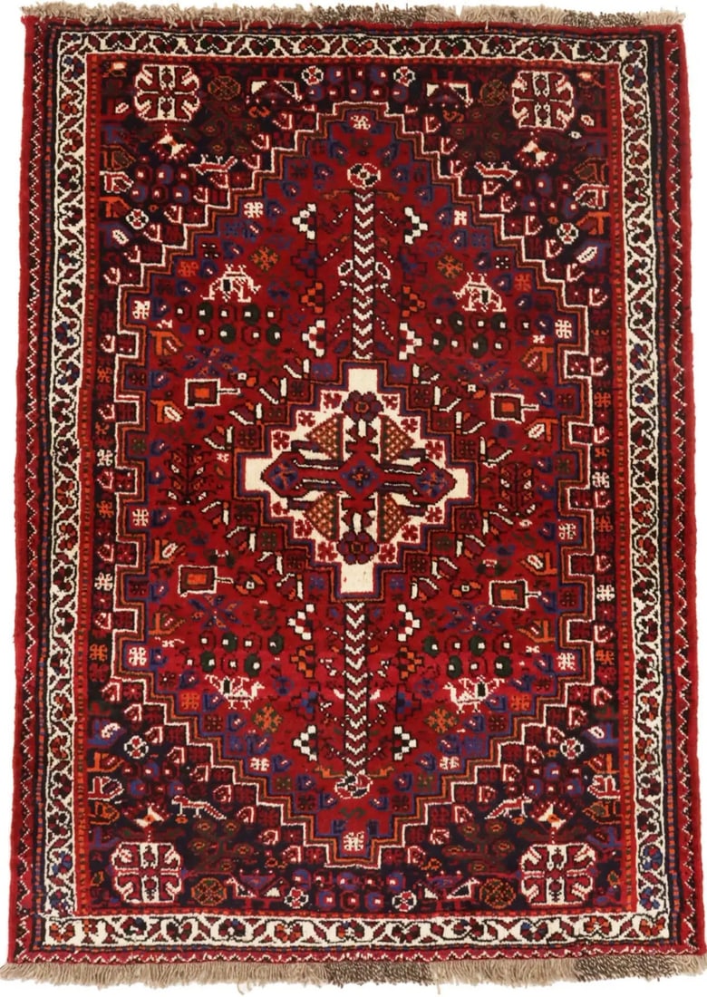 3'4X5 Vintage Style Red Tribal Oriental Rug Farmhouse Home Decor Carpet Wool: 3'4X5 Vintage Style Red Tribal Oriental Rug Farmhouse Home Decor Carpet Wool Add a pop of vibrant color and global charm to your farmhouse home with this stunning vintage-style red tribal oriental rug