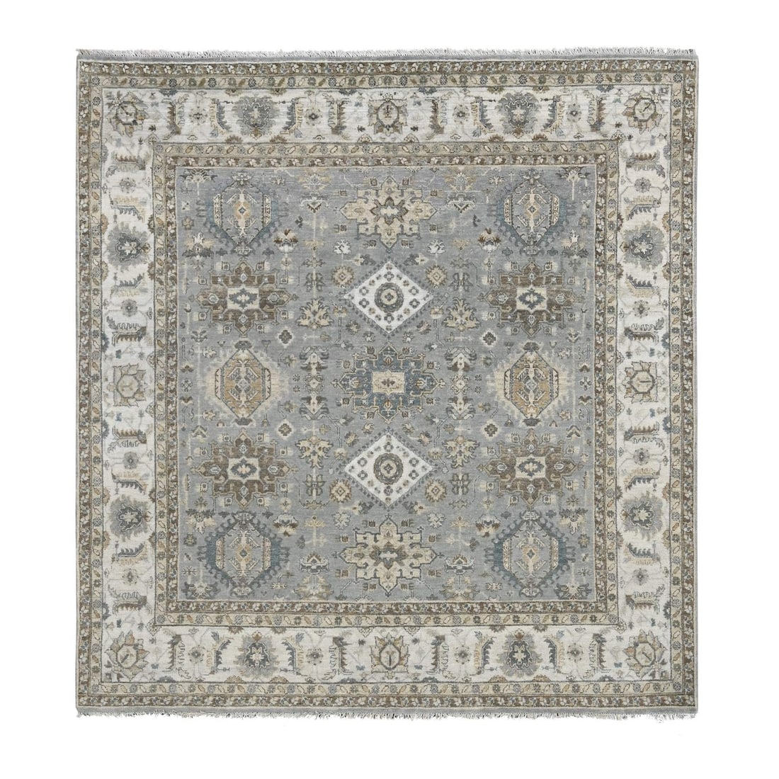 8'x8' Gray and Ivory Karjihooz Design Wool Square Oriental Rug (1 of 11)