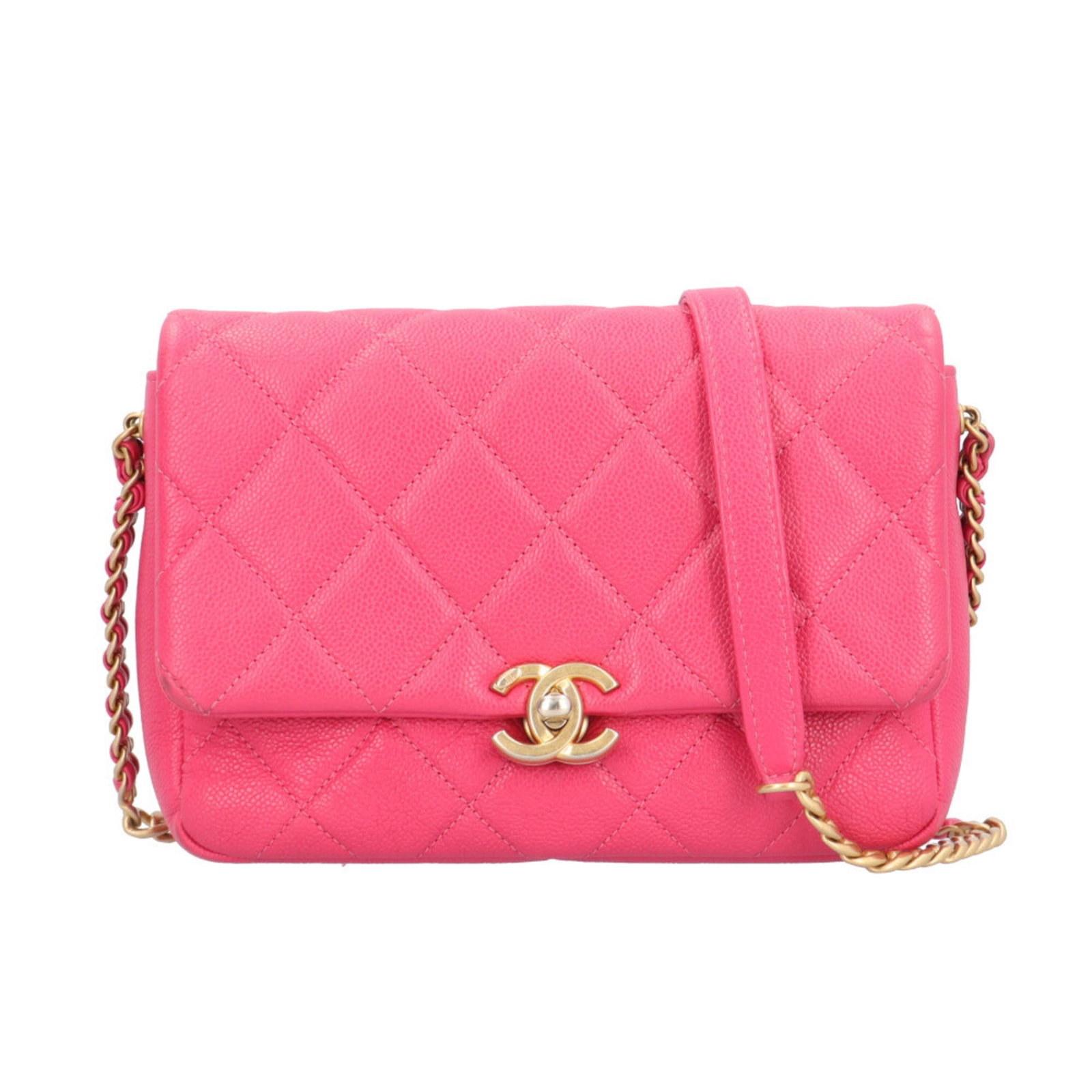 Calfskin Chanel Shoulder Bag: Calfskin Chanel Shoulder Bag A stunning pink Grained Calfskin Chanel shoulder bag, with its classic design and luxurious feel, is up for grabs. With a timeless 14cm x 20cm size and a subtle distressed