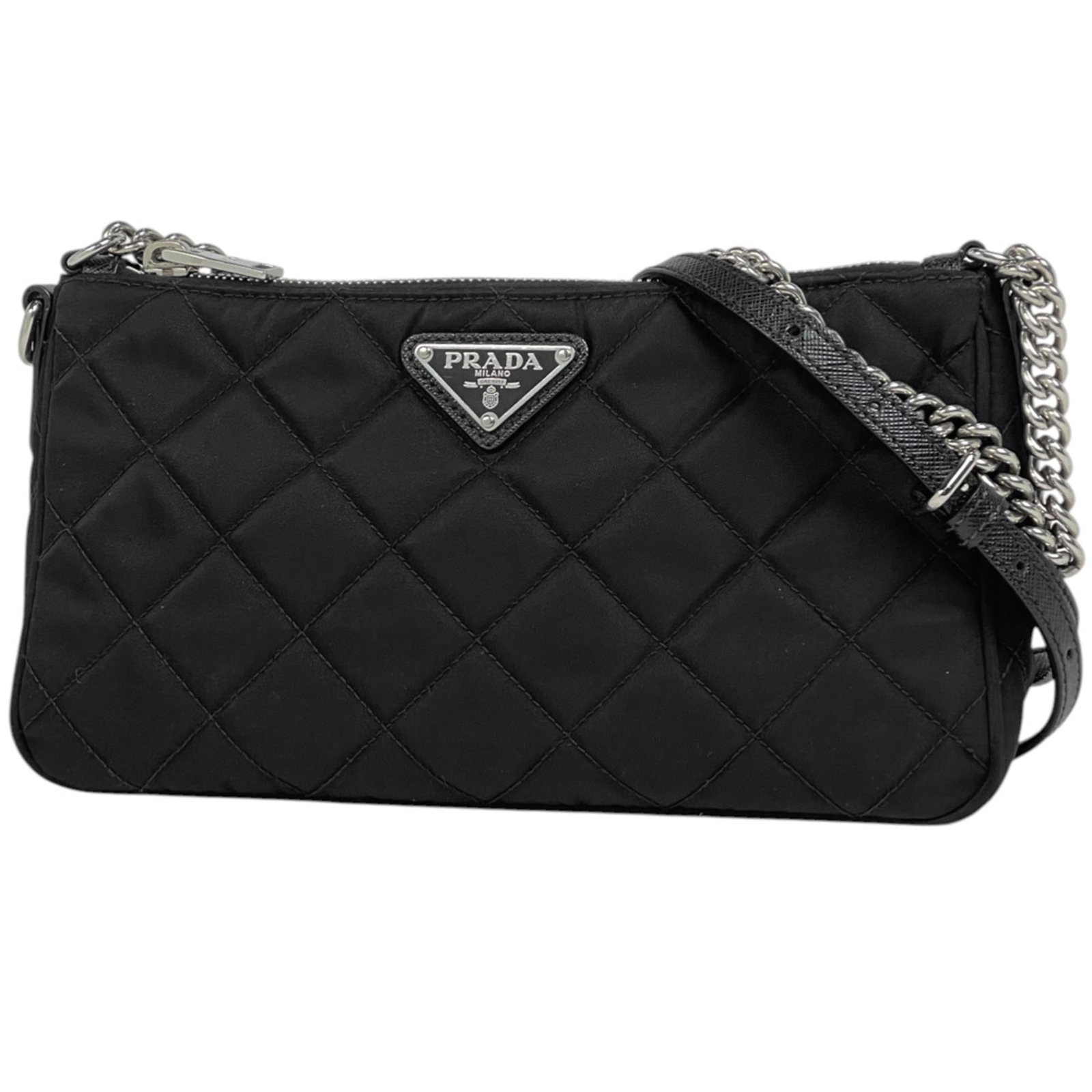 Prada Nylon Shoulder Handbag: Prada Nylon Shoulder Handbag A sleek and sophisticated Prada Nylon Shoulder Handbag in classic black, perfect for adding an air of elegance to your daily routine. With its durable nylon material and t