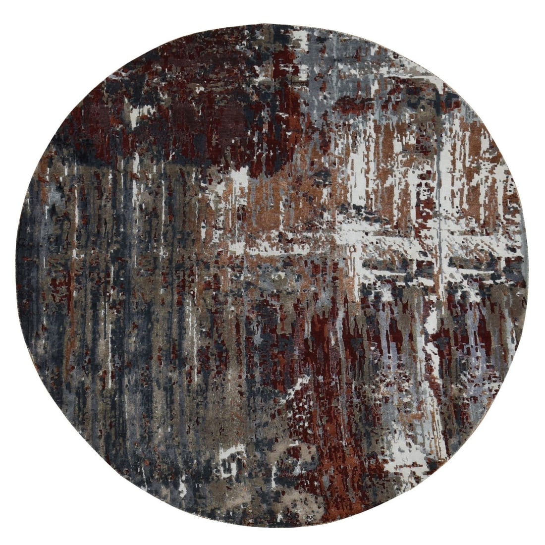 8'x8' Gray Abstract Design Wool and Silk Hand Knotted Round Rug: 8'x8' Gray Abstract Design Wool and Silk Hand Knotted Round Rug Experience the rich beauty of Indian craftsmanship with this stunning 8'x8' gray abstract design wool and silk hand knotted round rug,