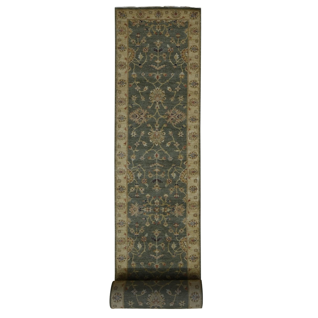 3'6"x32'2" Moss Green Pure Wool Hard Twist Agra Runner Hand Knotted Rug: 3'6"x32'2" Moss Green Pure Wool Hard Twist Agra Runner Hand Knotted Rug Experience the rich heritage of India with this stunning 3'6"x32'2" Moss Green Pure Wool Hard Twist Agra Runner Hand Knotted