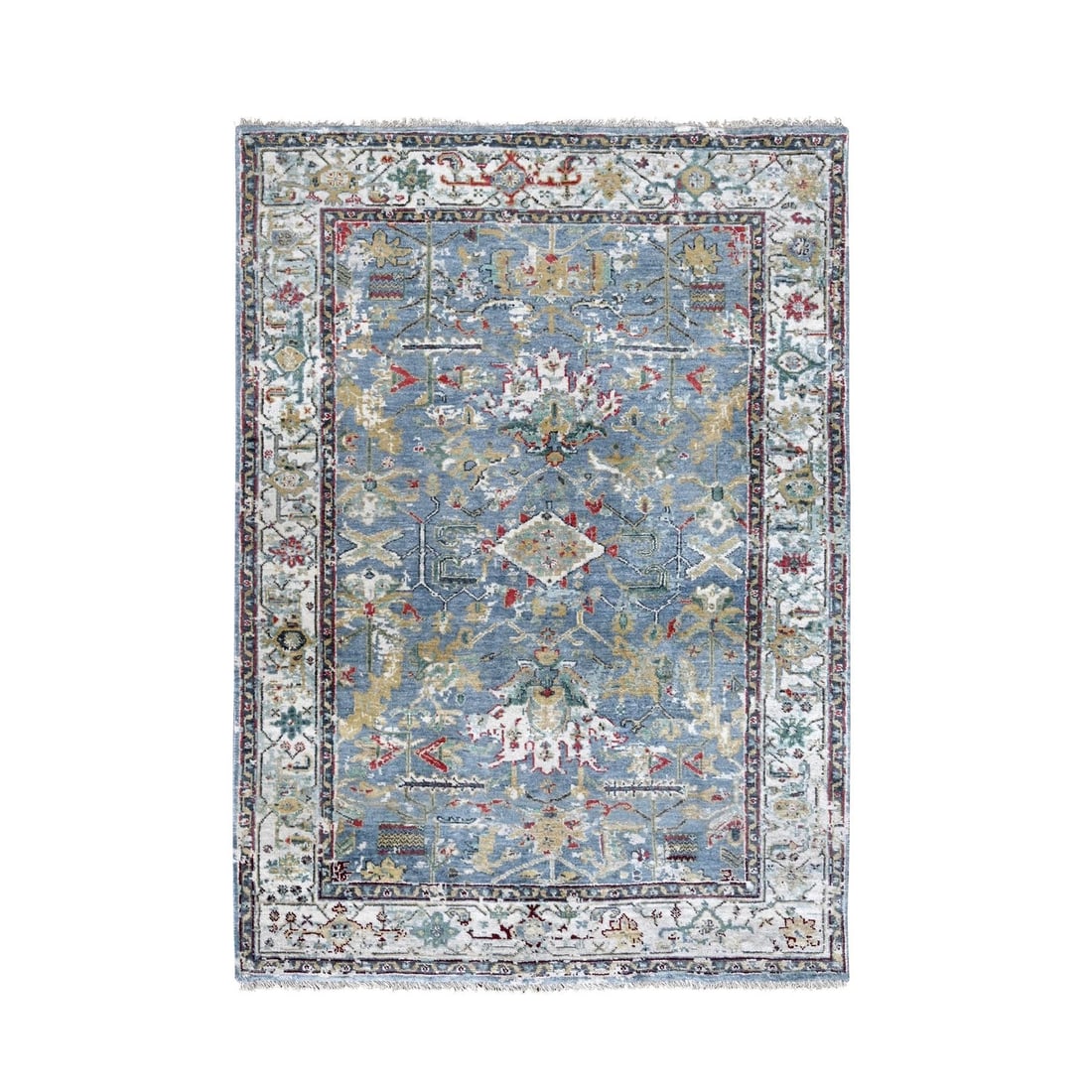 4'x5'9" Blue Wool Broken and Erased Zoroastrian Heris Hand Knotted Rug: 4'x5'9" Blue Wool Broken and Erased Zoroastrian Heris Hand Knotted Rug Experience the rich cultural heritage of India with this stunning 2000-year-old Blue Wool Heris Hand Knotted Rug, expertly woven
