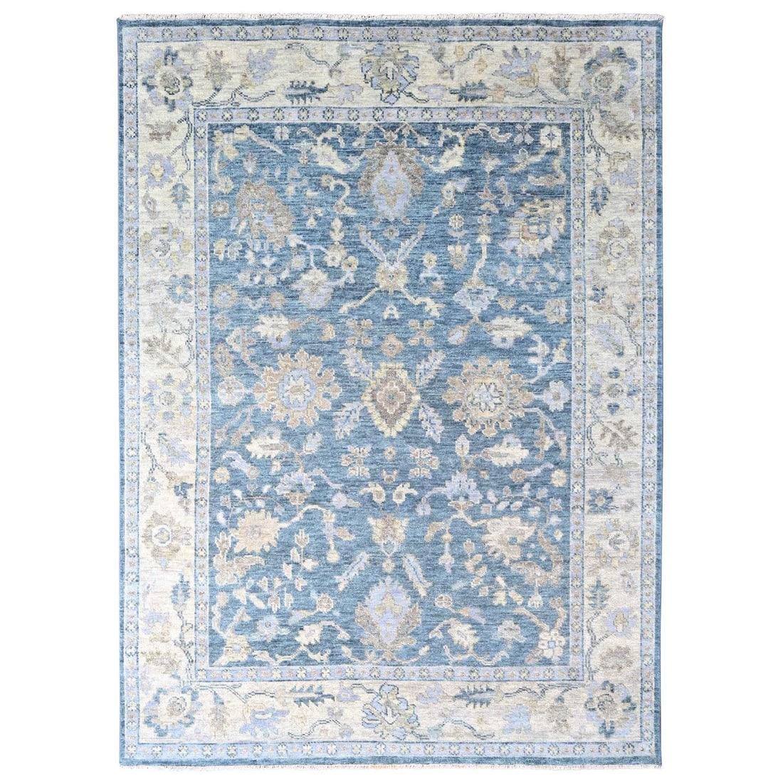 9'x12'1" Aegean Blue Oushak Design Hand Knotted Soft Wool Oriental Rug: 9'x12'1" Aegean Blue Oushak Design Hand Knotted Soft Wool Oriental Rug Experience the timeless beauty of Turkish craftsmanship with this stunning 9'x12'1" Aegean Blue Oushak design hand knotted soft w