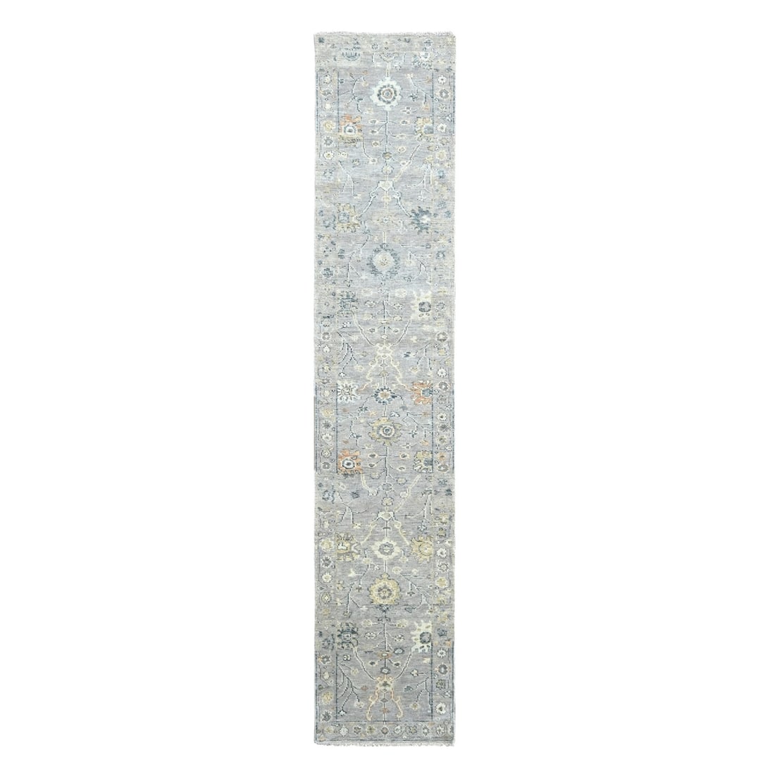 2'5"x13'10" Pastel Gray Oushak Design Hand Knotted Pure Wool Runner Rug: 2'5"x13'10" Pastel Gray Oushak Design Hand Knotted Pure Wool Runner Rug Experience the rich beauty of Indian craftsmanship with this stunning 2'5"x13'10" Pastel Gray Oushak Design Hand Knotted Pure Wo