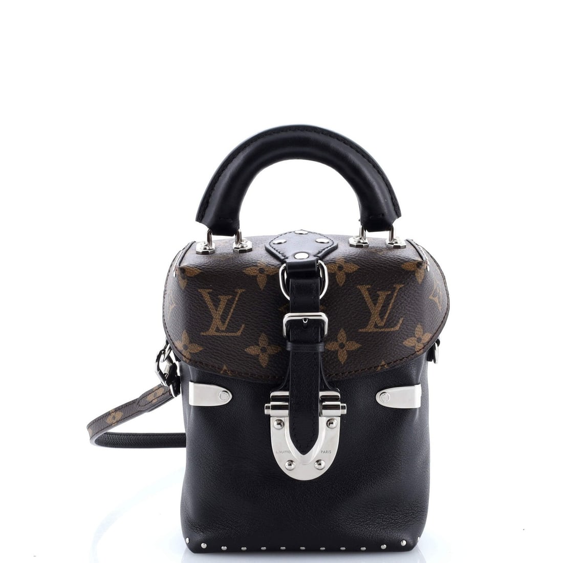Louis Vuitton Monogram Canvas and Leather Handbag Camera Box Studded: Louis Vuitton Monogram Canvas and Leather Handbag Camera Box Studded A stunning Louis Vuitton camera box handbag, crafted from rich black leather and adorned with intricate monogram canvas detailing,