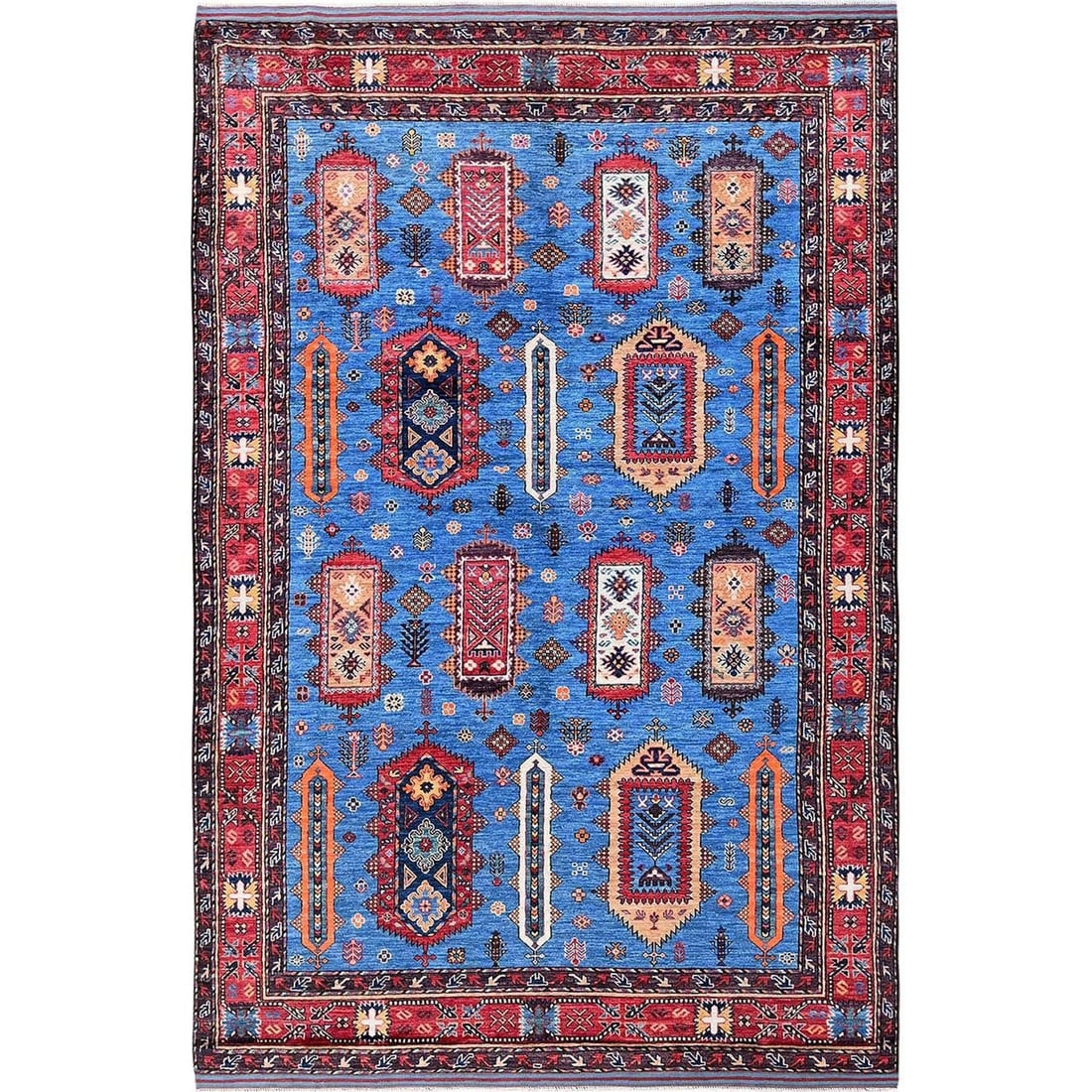 Blue Afghan Caucasian Hand knotted wool rug design revival blue soft 6'3"x9'1". (1 of 12)