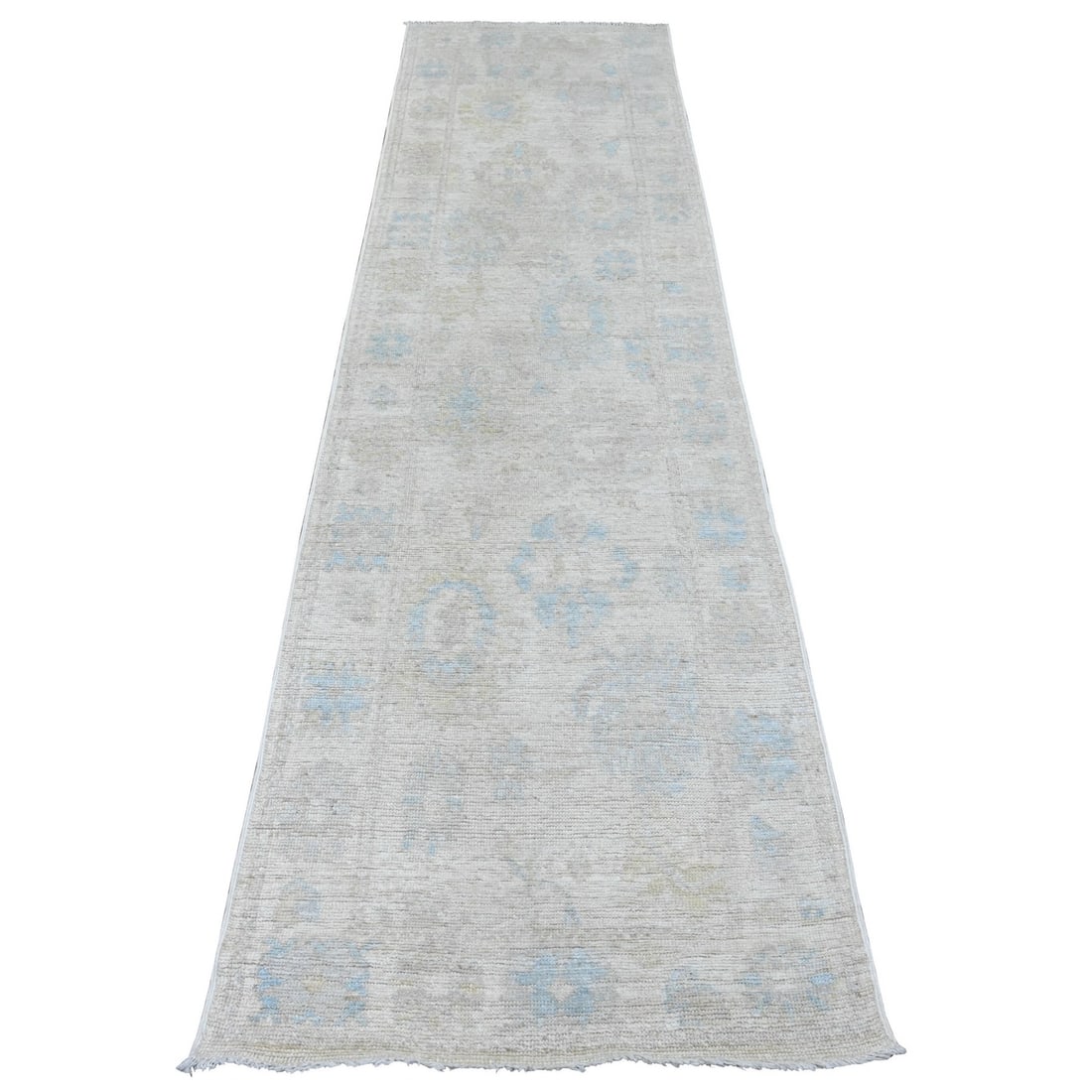 2'7"x9'10" White Angora Oushak Leaf Design Hand Knotted Wool Runner Rug (1 of 6)