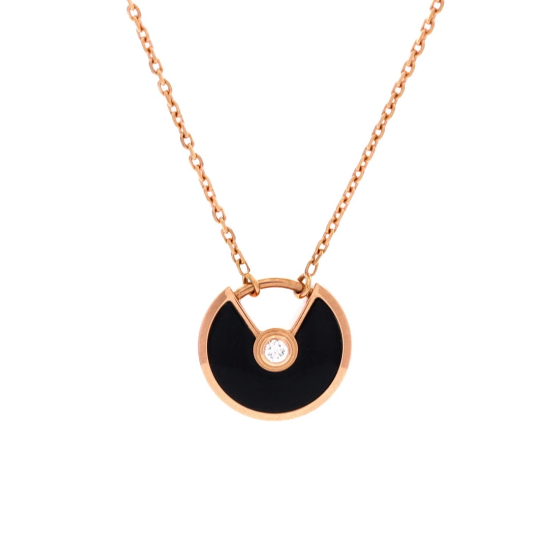 Cartier Amulette de Cartier Pendant Necklace 18K Rose Gold with Onyx and Diamond: Cartier Amulette de Cartier Pendant Necklace 18K Rose Gold with Onyx and Diamond The Cartier Amulette de Cartier Pendant Necklace is a timeless masterpiece, boasting 18K rose gold elegance with a