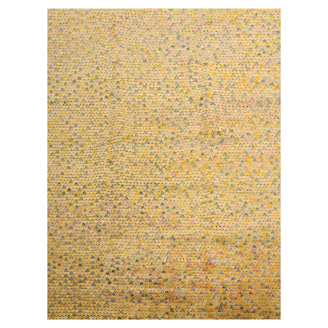 8'10"x12'2" Amber Gold THE BUTTONS Sari Silk Hand Knotted Oriental Rug: 8'10"x12'2" Amber Gold THE BUTTONS Sari Silk Hand Knotted Oriental Rug Experience the timeless elegance of India with this stunning 8'10"x12'2" Amber Gold Sari Silk Hand Knotted Oriental Rug, crafted