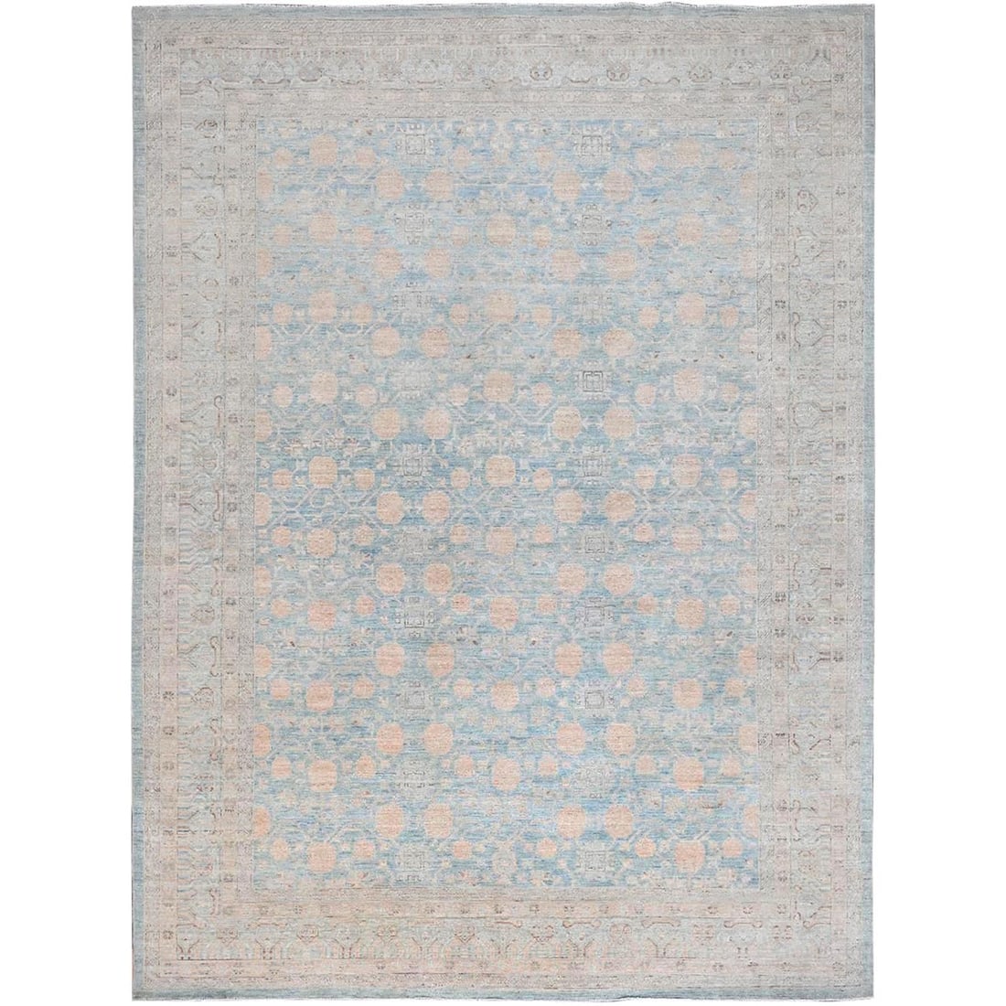 10'x13'6" Blue Hand Knotted Wool Khotan Repetitive Pomegranate Design Rug: 10'x13'6" Blue Hand Knotted Wool Khotan Repetitive Pomegranate Design Rug Experience the rich beauty of Afghan craftsmanship with this stunning 10'x13'6" blue hand-knotted wool rug, boasting an intric