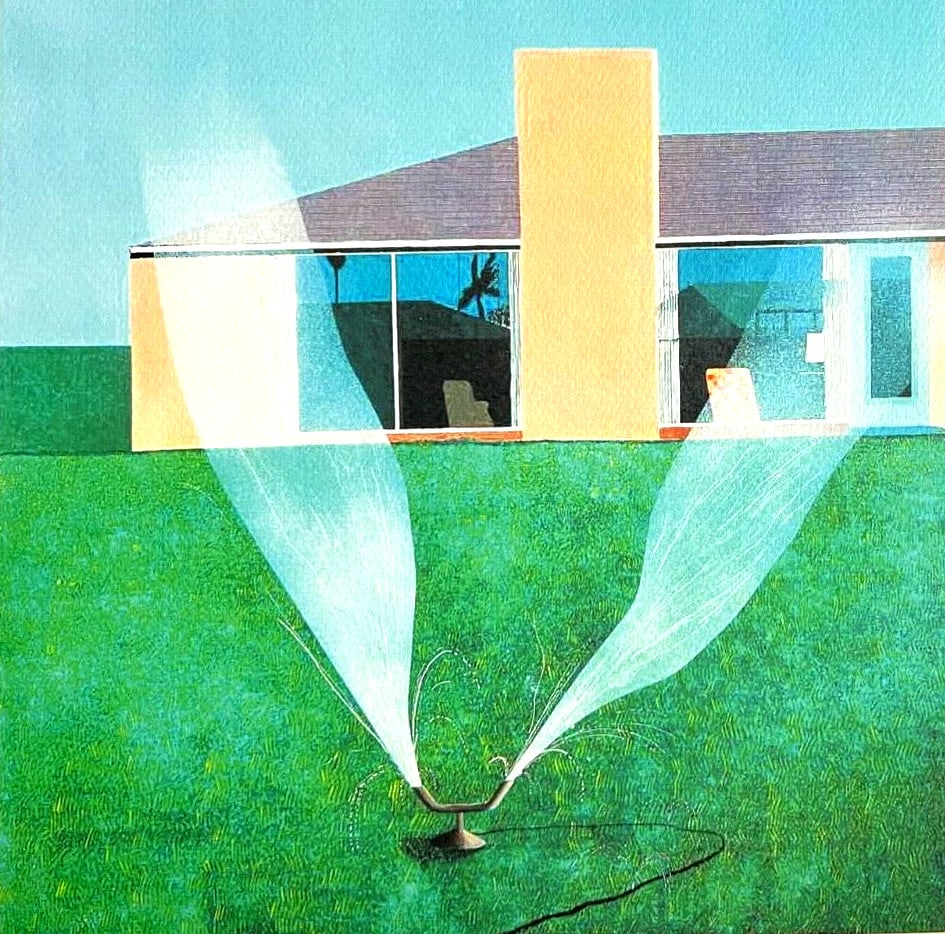 David Hockney is a lithograph.: David Hockney is a lithograph. A stunning example of David Hockney's Pop Art style, "Garden sprinkler" is a numbered lithograph from 1997, showcasing the artist's unique blend of humor and modernity.