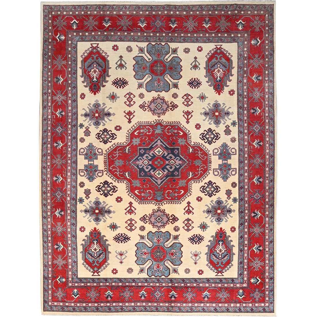 8'10"x11'8" White Hand Knotted Densely Woven Wool Kazak Oriental Rug: 8'10"x11'8" White Hand Knotted Densely Woven Wool Kazak Oriental Rug Experience the rich beauty of India's ancient craftsmanship with this stunning 8'10"x11'8" White Hand Knotted Densely Woven Wool
