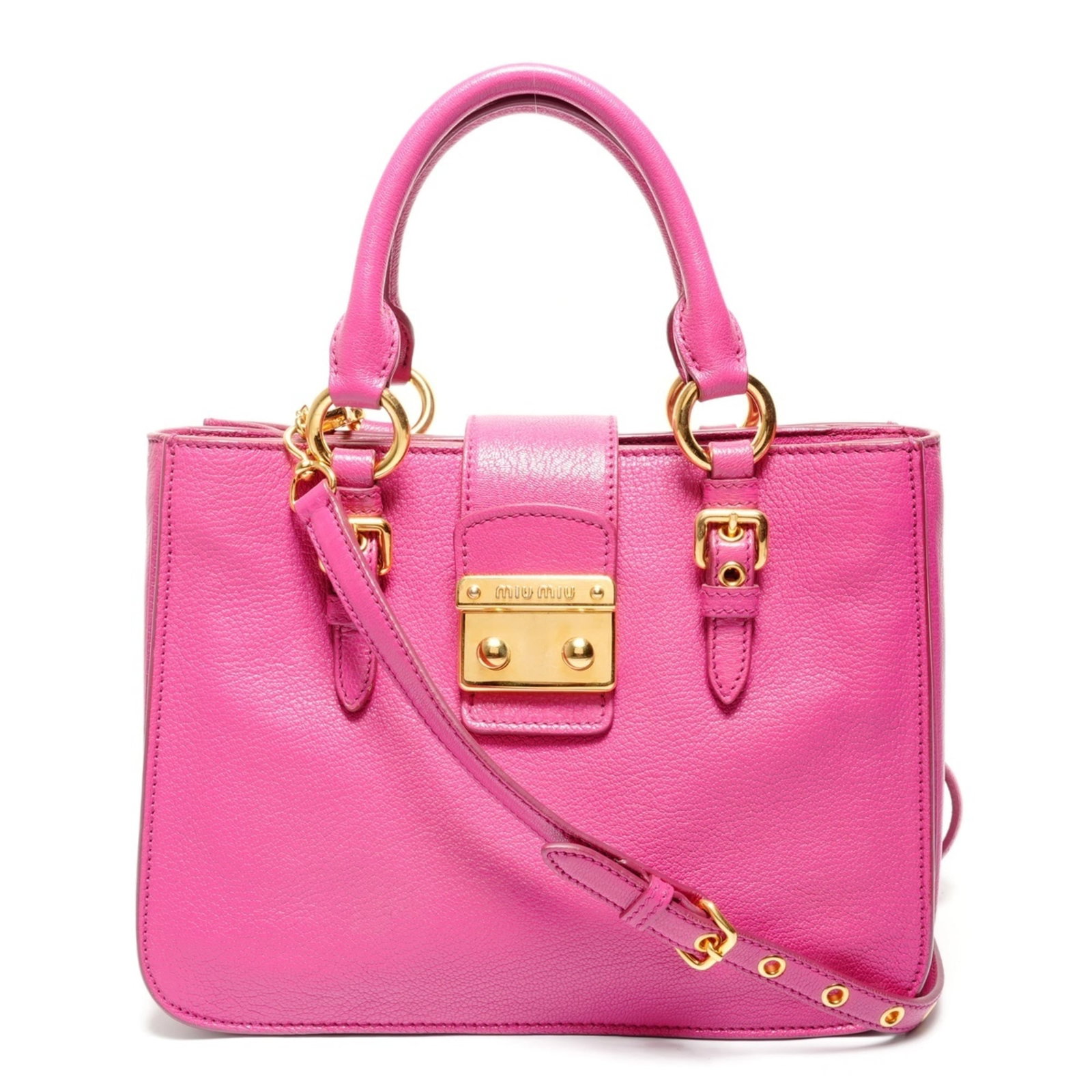 Miu Leather Shoulder Bag: Miu Leather Shoulder Bag Elevate your style with the chic Miu Leather Shoulder Bag, boasting sleek pink leather and adjustable straps that can be customized to fit your perfect silhouette. With its sp