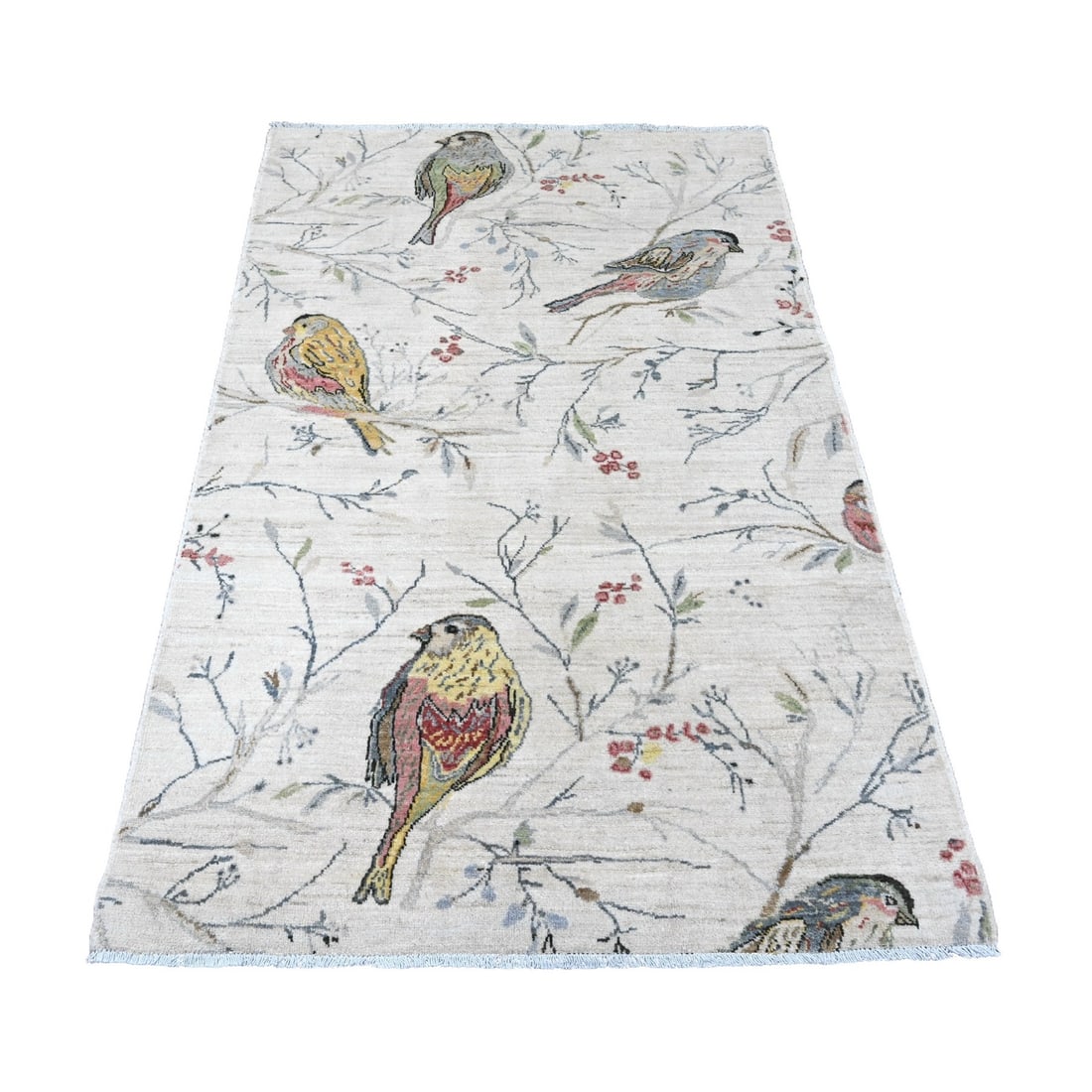 4'x6' Ivory Sparrows on the Tree Peshawar Soft Wool Hand Knotted Rug (1 of 6)