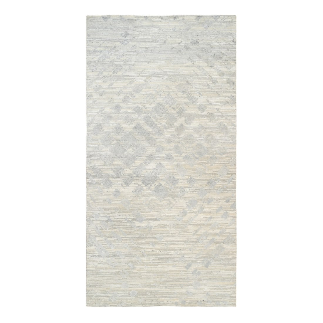 6'1"x11'10" Natural Wool Hand Knotted Ivory Modern Design Wide Runner Rug: 6'1"x11'10" Natural Wool Hand Knotted Ivory Modern Design Wide Runner Rug Experience the timeless elegance of India's finest craftsmanship with this exquisite, hand-knotted ivory wool runner rug. Meas