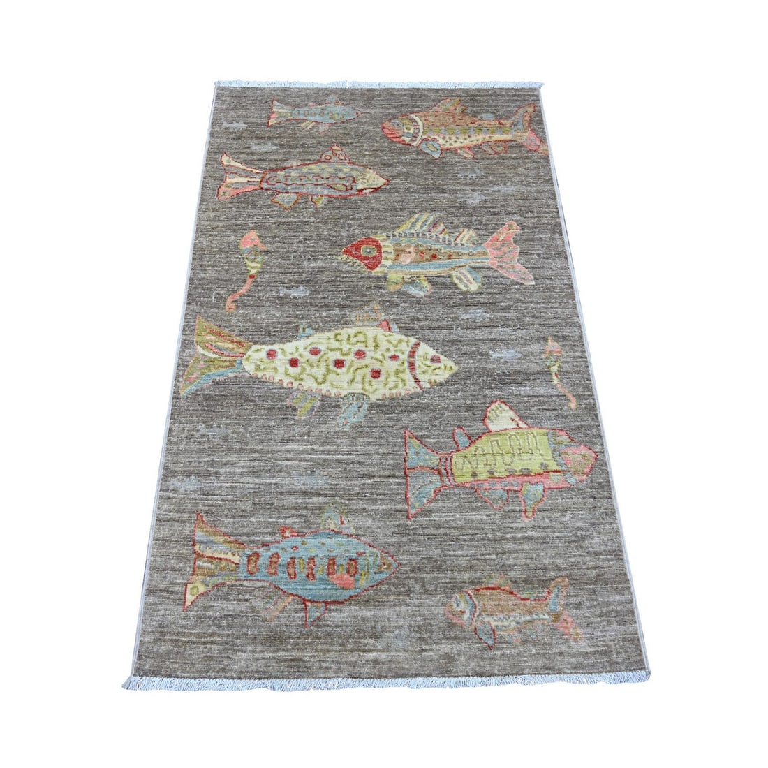 3'x4'10" Gray Afghan Peshawar Oceanic Fish Design Wool Hand Knotted Rug (1 of 6)