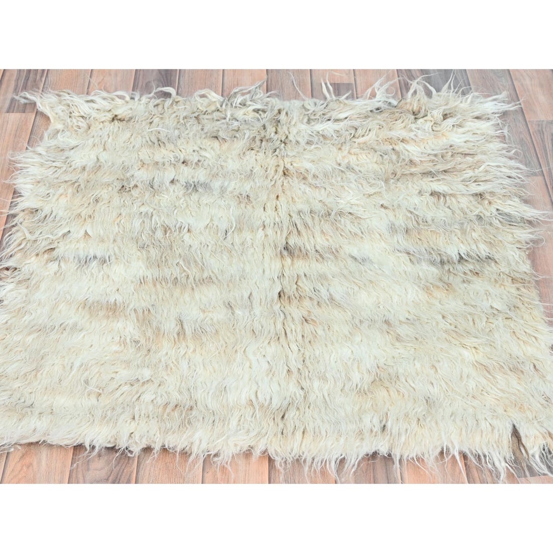 3'x3' Beige Shaggy Moroccan Undyed Natural Wool Hand Knotted Square Rug (1 of 6)