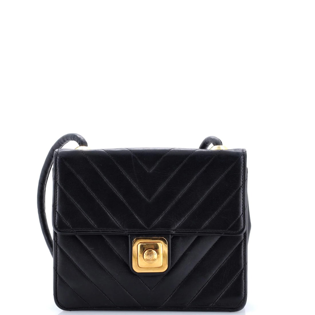Chanel small lambskin bag with chevron flap and push lock. (1 of 7)