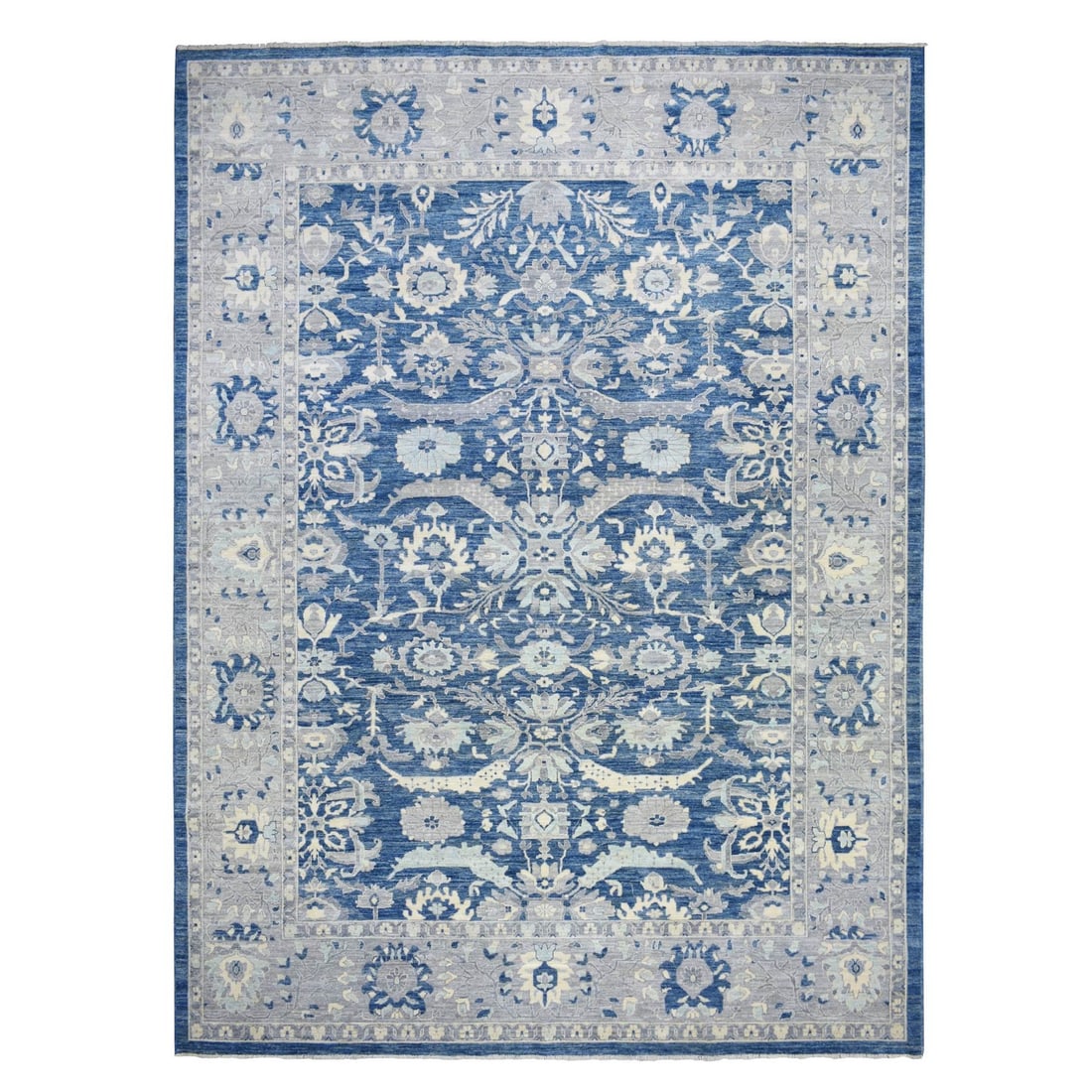 10'2"x13'6" Denim Blue Wool Hand Knotted Fine Peshawar Densely Woven Rug: 10'2"x13'6" Denim Blue Wool Hand Knotted Fine Peshawar Densely Woven Rug Experience the rich heritage of Afghanistan with this stunning 10'2"x13'6" Denim Blue Wool Hand Knotted Fine Peshawar rug, expe