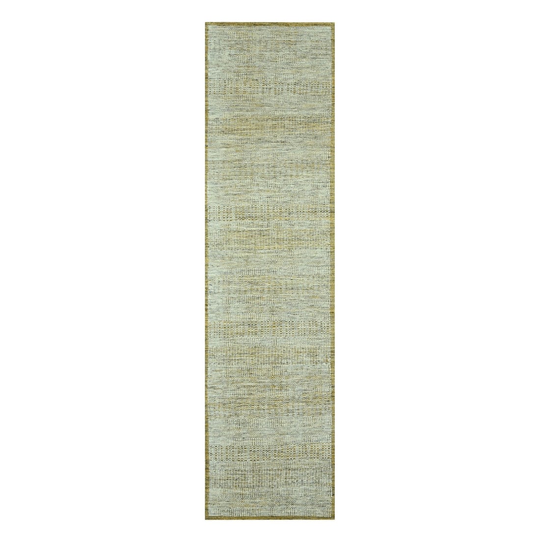 2'6"x10' Yellow Hand Knotted Rug Wool Distressed & Oxidized Grass Design: 2'6"x10' Yellow Hand Knotted Rug Wool Distressed & Oxidized Grass Design Experience the warmth and elegance of India's rich cultural heritage with this stunning 2'6"x10' hand-knotted wool rug, boastin