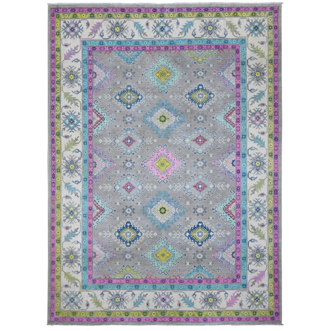 8'2"x11'5" Vintage Gray Velvety Wool Colorful Fusion Kazak Oriental Rug: 8'2"x11'5" Vintage Gray Velvety Wool Colorful Fusion Kazak Oriental Rug Experience the rich history and cultural heritage of Afghanistan in this stunning vintage gray velvety wool Kazak Oriental rug,