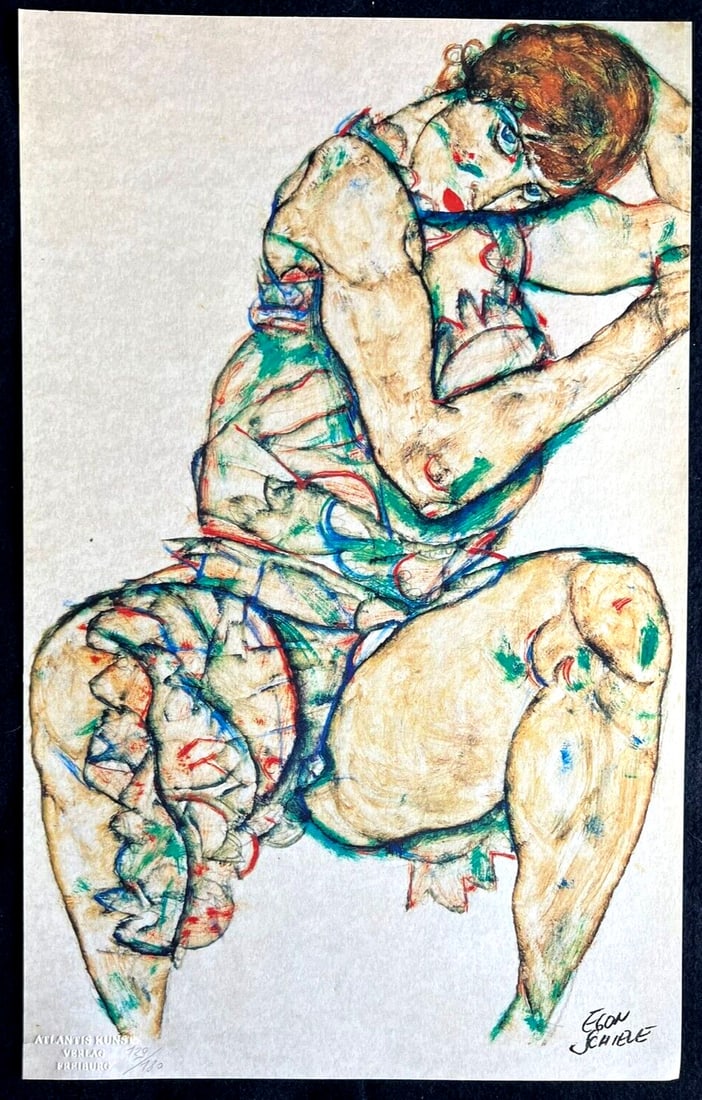 Egon Schiele painting lithograph from an: Egon Schiele painting lithograph from an Experience the raw emotion and intimacy of Egon Schiele's iconic lithograph, "Woman sitting and without clothes", printed in 1978 by Atlantis Verlag. This rare