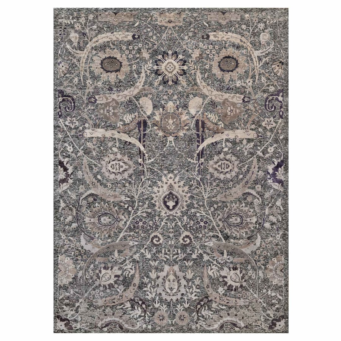 10'x13'10" Brown Wool and Silk Hand Knotted Sickle Leaf Oriental Rug: 10'x13'10" Brown Wool and Silk Hand Knotted Sickle Leaf Oriental Rug Experience the rich beauty of India's ancient craftsmanship with this stunning 10'x13'10" hand-knotted wool and silk oriental rug,
