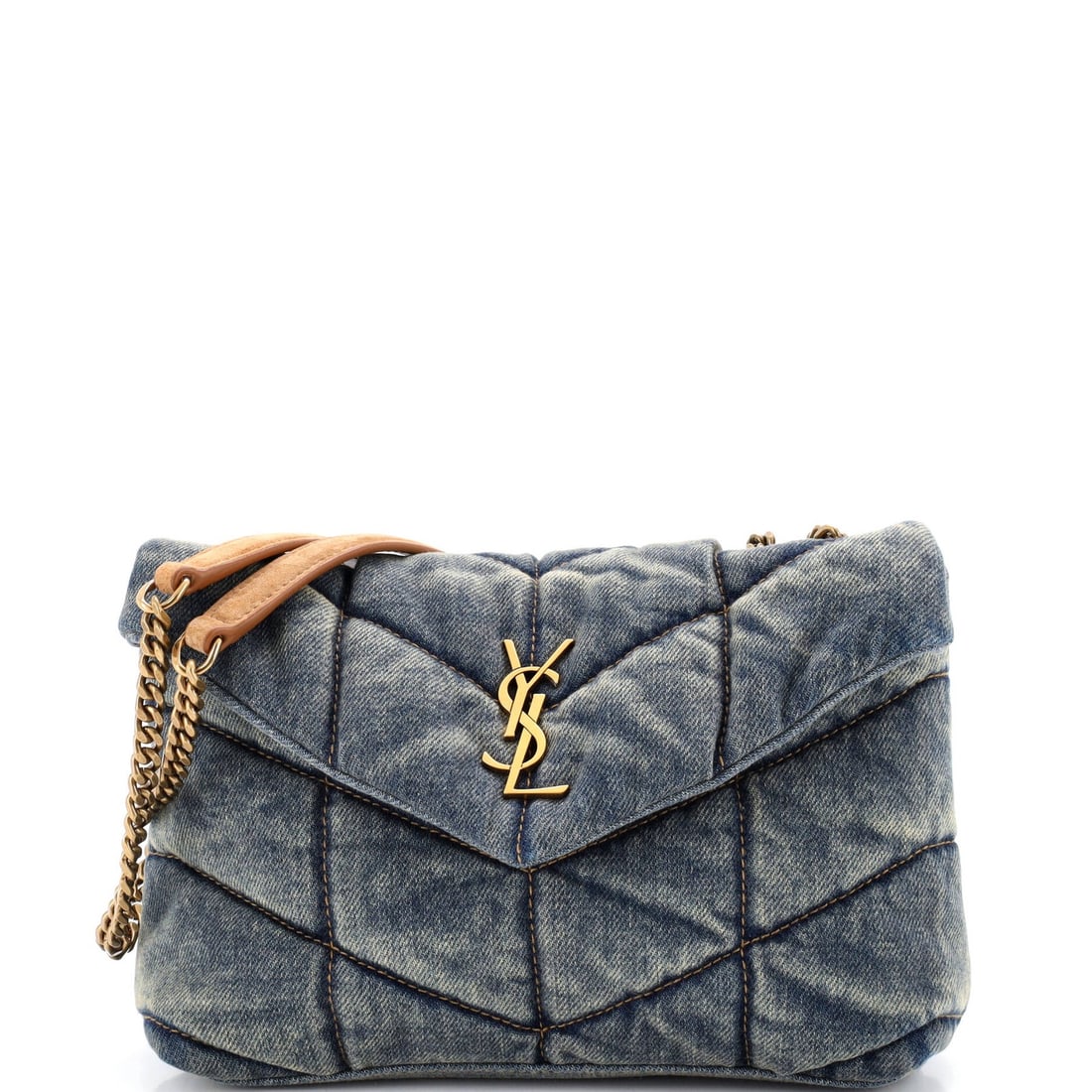 Loulou puffer quilted vintage denim mini shoulder bag by Saint Laurent: Loulou puffer quilted vintage denim mini shoulder bag by Saint Laurent The Loulou puffer shoulder bag by Saint Laurent is a quintessential vintage denim mini that exudes effortless chic. Its quilted