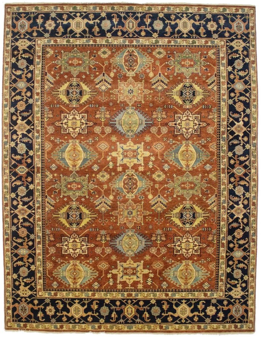 Hand-Knotted Farmhouse Oriental Rug 9X12 Rust Tribal Design Indo-Karajeh Carpet: Hand-Knotted Farmhouse Oriental Rug 9X12 Rust Tribal Design Indo-Karajeh Carpet Experience the warmth and elegance of our hand-knotted farmhouse Oriental rug, boasting a stunning rust tribal design