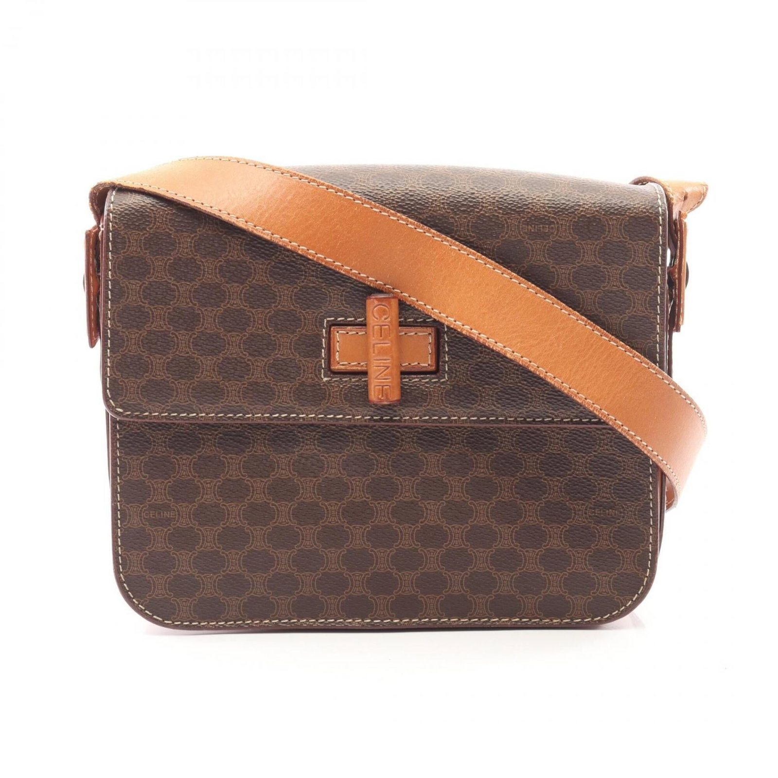 Celine Handbag, Shoulder Bag Coated Canvas, Leather: Celine Handbag, Shoulder Bag Coated Canvas, Leather A pre-owned Celine shoulder bag in rich brown leather, crafted from durable coated canvas, offers a timeless and sophisticated touch to any outfit.