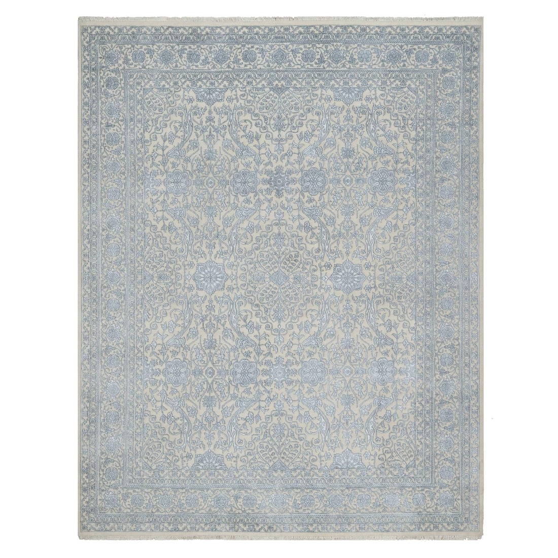 8'x10'2" Linen White Tone on Tone Wool and Bamboo Silk Hand Knotted Rug: 8'x10'2" Linen White Tone on Tone Wool and Bamboo Silk Hand Knotted Rug Experience the timeless beauty of Indian craftsmanship with this stunning 8'x10' hand-knotted rug, expertly woven from luxurious