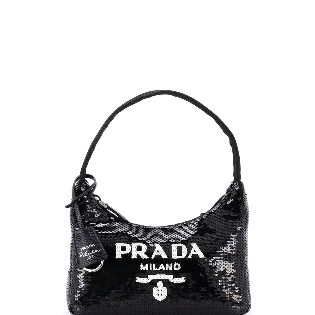 Prada Re-Edition 2000 Hobo Sequins Mini: Prada Re-Edition 2000 Hobo Sequins Mini Add a touch of glamour to your wardrobe with the iconic Prada Re-Edition 2000 Hobo Sequins Mini, a miniature masterpiece that shines with intricate sequin detai