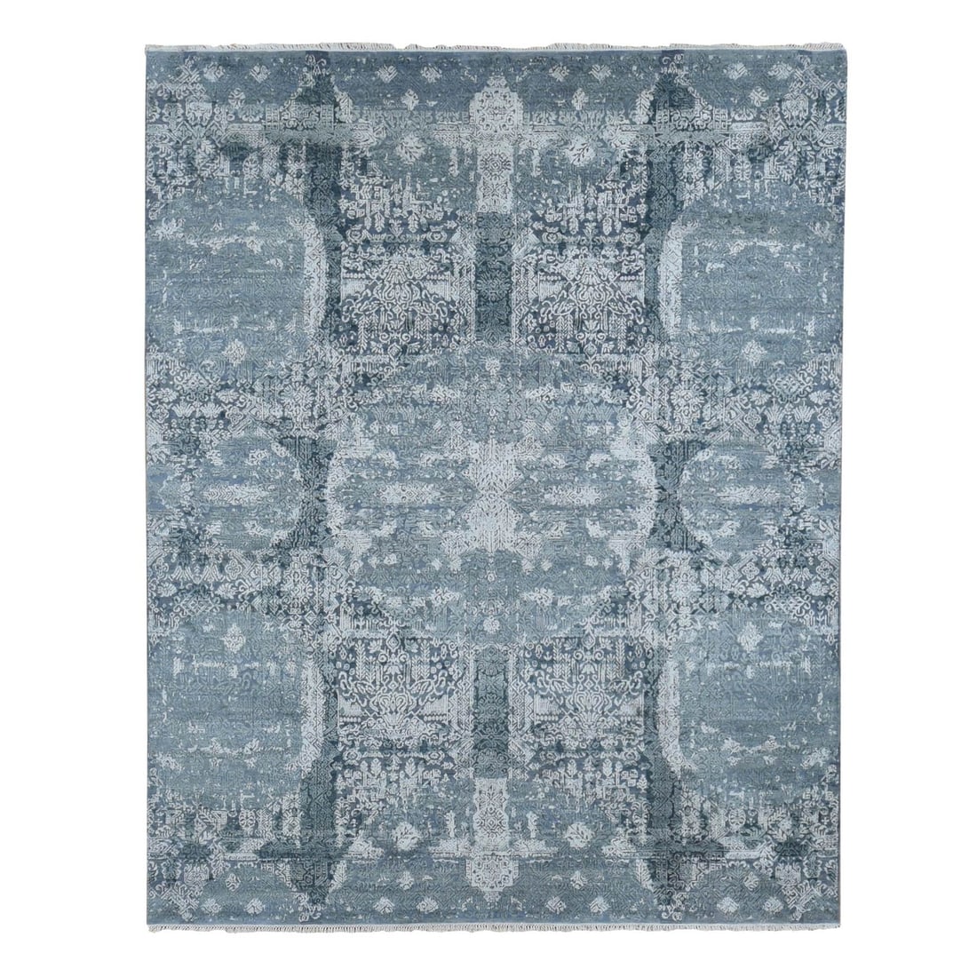 7'10"x10' Cloud Gray Wool and Pure Silk Jewellery Design Hand Knotted Rug: 7'10"x10' Cloud Gray Wool and Pure Silk Jewellery Design Hand Knotted Rug Experience the elegance of Indian craftsmanship with this stunning 7'10"x10' Cloud Gray Wool and Pure Silk Jewellery Design Ha