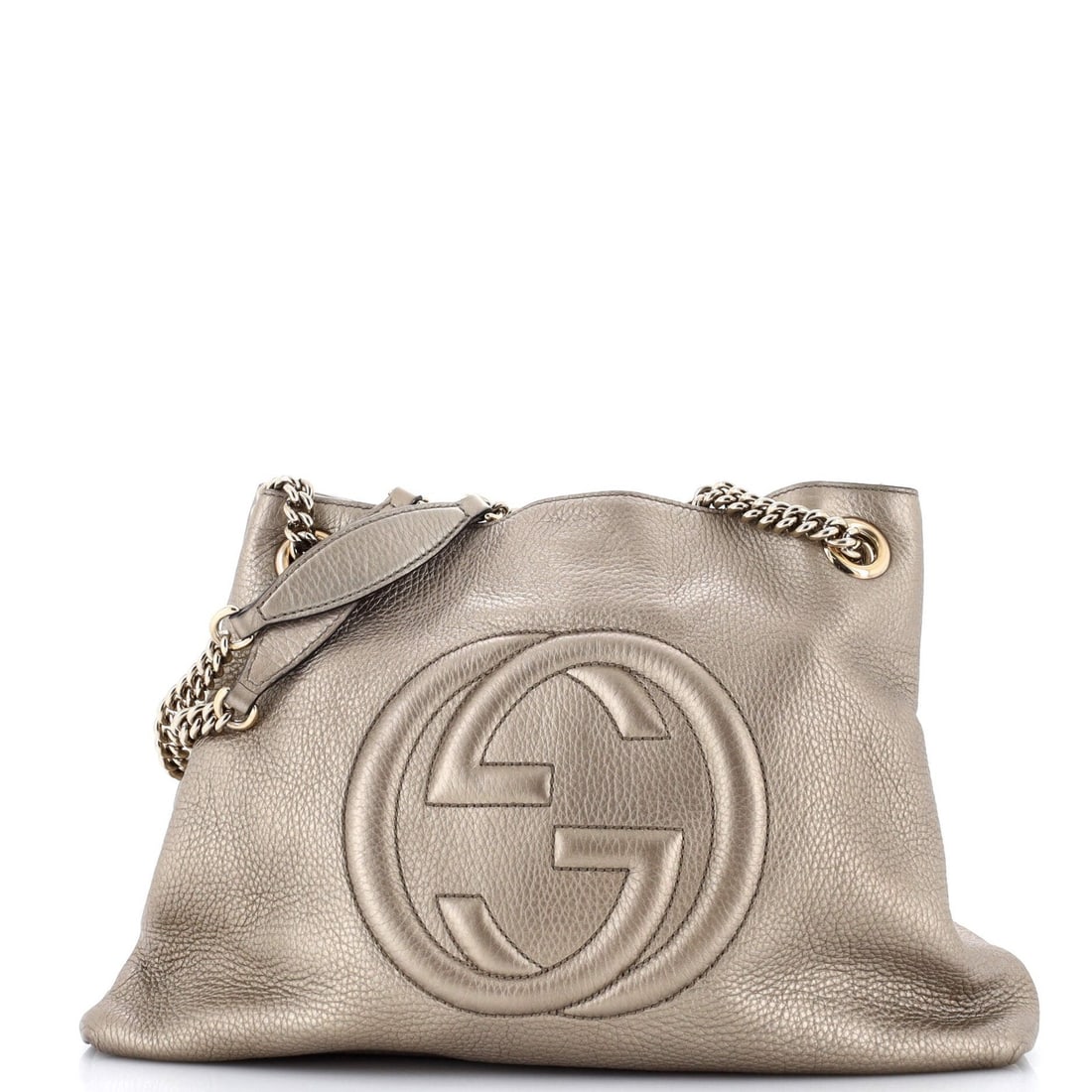 Gucci medium leather chain strap shoulder bag: Gucci medium leather chain strap shoulder bag Elevate your style with the iconic Gucci Soho Chain Strap Shoulder Bag, boasting a sleek gold leather exterior and neutral canvas interior. The