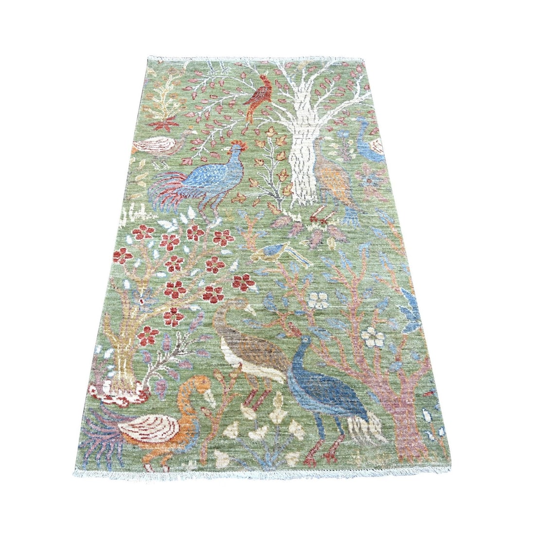3'1"x5'2" Green Birds of Paradise Design Hand Knotted Wool Oriental Rug: 3'1"x5'2" Green Birds of Paradise Design Hand Knotted Wool Oriental Rug Experience the vibrant beauty of Afghanistan's rich cultural heritage with this stunning 3'1"x5'2" Green Birds of Paradise