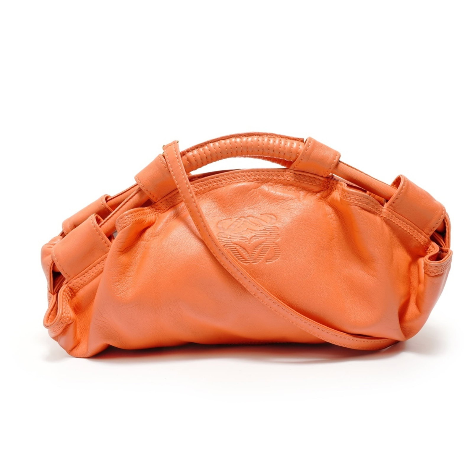 Loewe is a leather shoulder bag.: Loewe is a leather shoulder bag. A vibrant orange Loewe leather shoulder bag, perfect for adding a pop of color to your daily routine. With its sleek 13cm x 25cm design and adjustable 140cm strap,