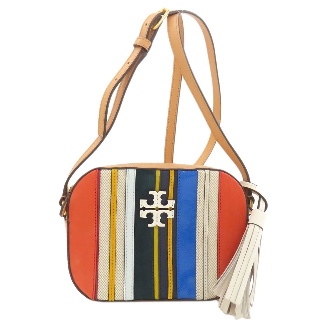 Tory Burch Suede Leather Stripe Bag: Tory Burch Suede Leather Stripe Bag Add a pop of color to your daily routine with this stylish Tory Burch suede leather stripe bag, boasting a unique blend of earthy tones in brown, orange, and blue