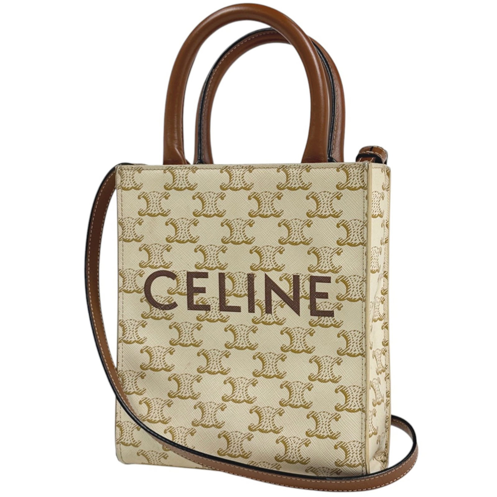 Leather Celine Coated Canvas Tote Bag: Leather Celine Coated Canvas Tote Bag A pre-owned Celine tote bag in rich brown and white, crafted from durable coated canvas and premium leather, makes for a timeless and stylish accessory. With its