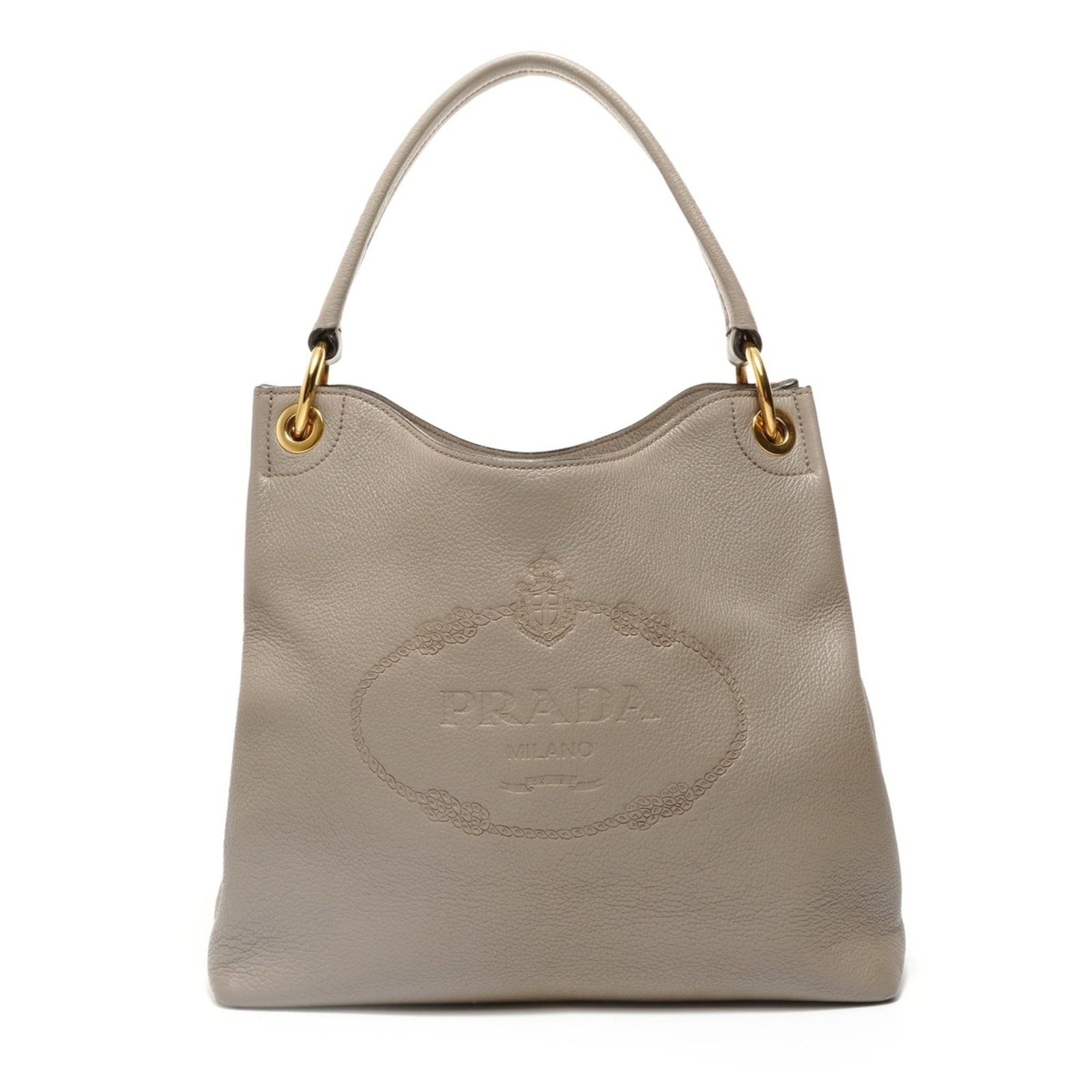 Leather shoulder bag from Prada: Leather shoulder bag from Prada A sleek and sophisticated Prada leather shoulder bag in a timeless gray hue, boasting a classic design with clean lines and premium materials that exude luxury. With