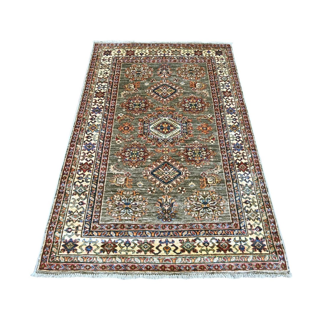 4'x6' Ash Gray Super Kazak Medallions Design Hand Knotted 100% Wool Rug (1 of 6)