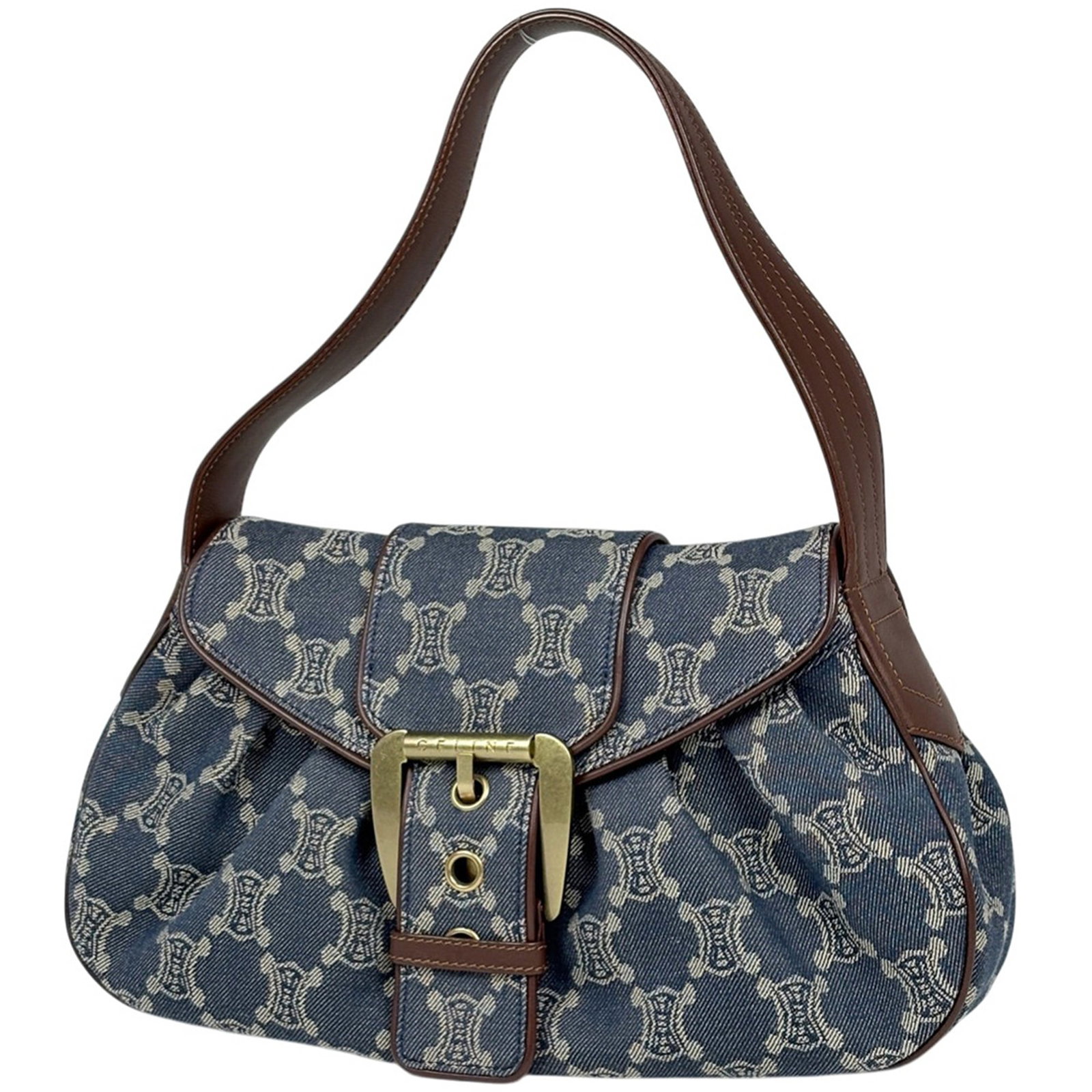 Denim leather Celine shoulder bag: Denim leather Celine shoulder bag A stunning denim leather Celine shoulder bag in rich blue and brown hues, boasting the iconic brand's signature style. With its durable denim material and supple