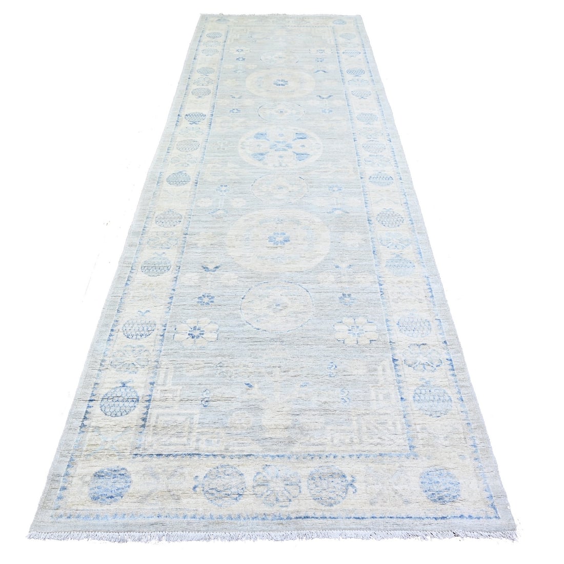4'x12'1" Gray Hand Knotted White Wash Khotan Pomegranate Wool Runner Rug: 4'x12'1" Gray Hand Knotted White Wash Khotan Pomegranate Wool Runner Rug Experience the timeless beauty of Afghan craftsmanship with this stunning 4'x12'1" Gray Hand Knotted White Wash Khotan Pomegran