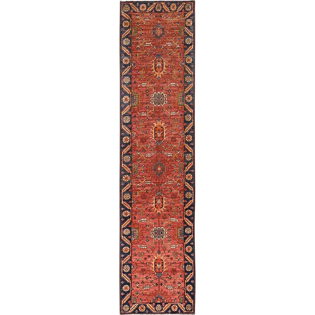 Orange hand knotted pure wool antiqued runner rug heris design: Orange hand knotted pure wool antiqued runner rug heris design Experience the vibrant warmth of an antique Afghan Heris-style rug, expertly hand-knotted from 100% pure wool. This stunning orange-hued
