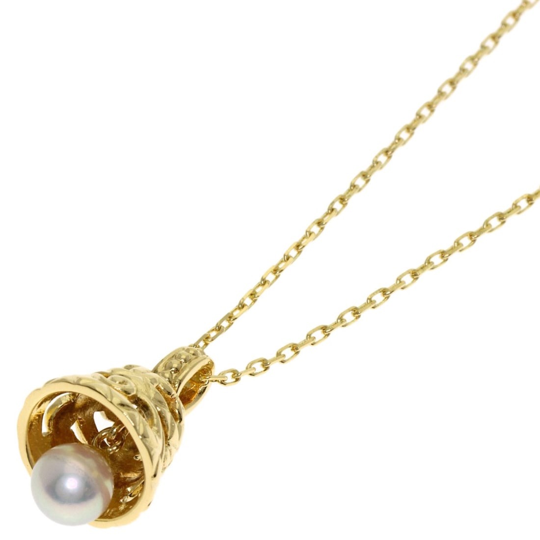 MIKIMOTO Bell motif Pearl Necklace in Yellow gold K18.: MIKIMOTO Bell motif Pearl Necklace in Yellow gold K18. Elevate your elegance with the MIKIMOTO Bell motif Pearl Necklace in stunning yellow gold K18. This exquisite piece showcases lustrous pearls