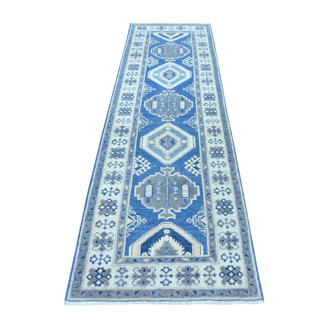 2'8"x9'5" Blue Hand Knotted Vintage Look Kazak GeometricDesign Runner Rug (1 of 6)